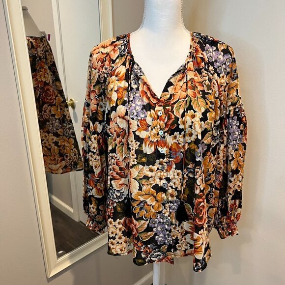 Olivaceous floral 100% cotton peasant blouse w tassels, Size Medium - Picture 2 of 15